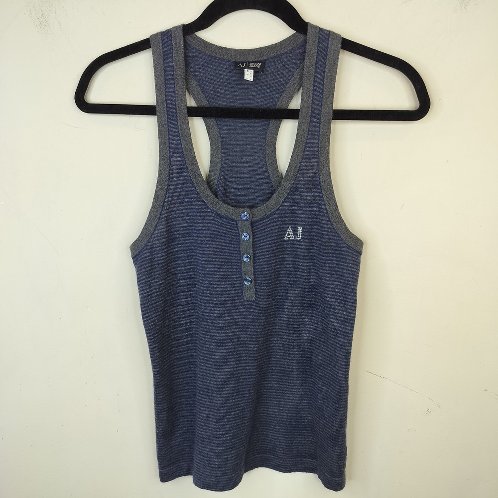Armani Jeans Silk Cashmere Tank Top 6 Striped Rhinestone Bling Y2K Henley